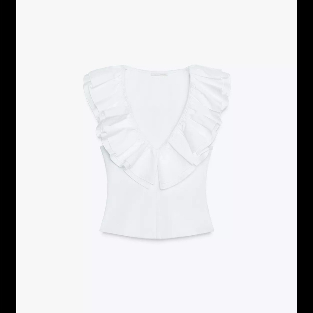 Zara White Ruffle V-Neck Blouse